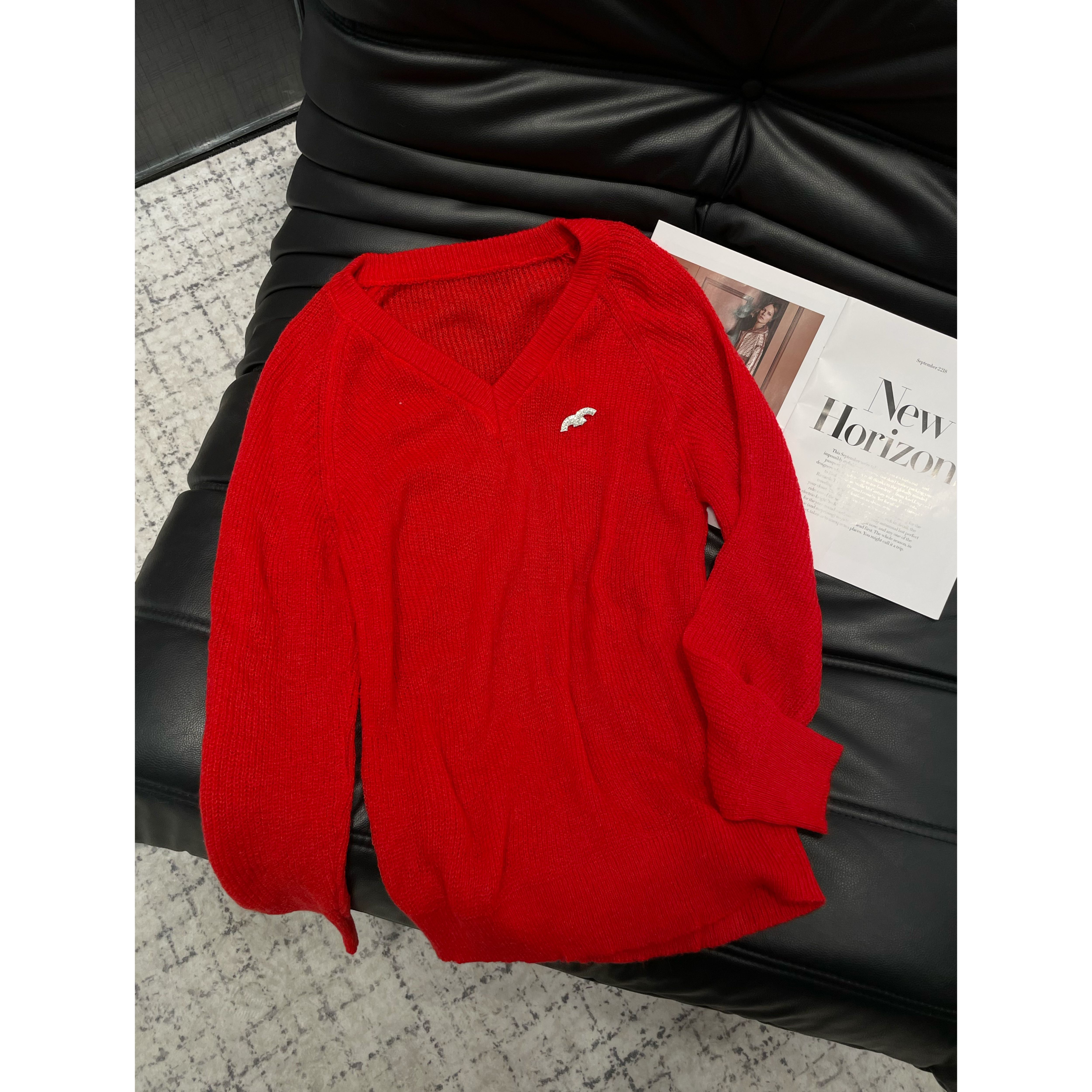 《An ni》【香香】早春新品时尚长袖宽松V领羊毛针织上衣Ani-D123