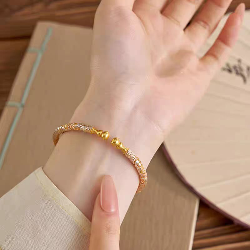 足银手镯 56号-【官方正品】描金樱花葫芦【开口】足银999.9手镯