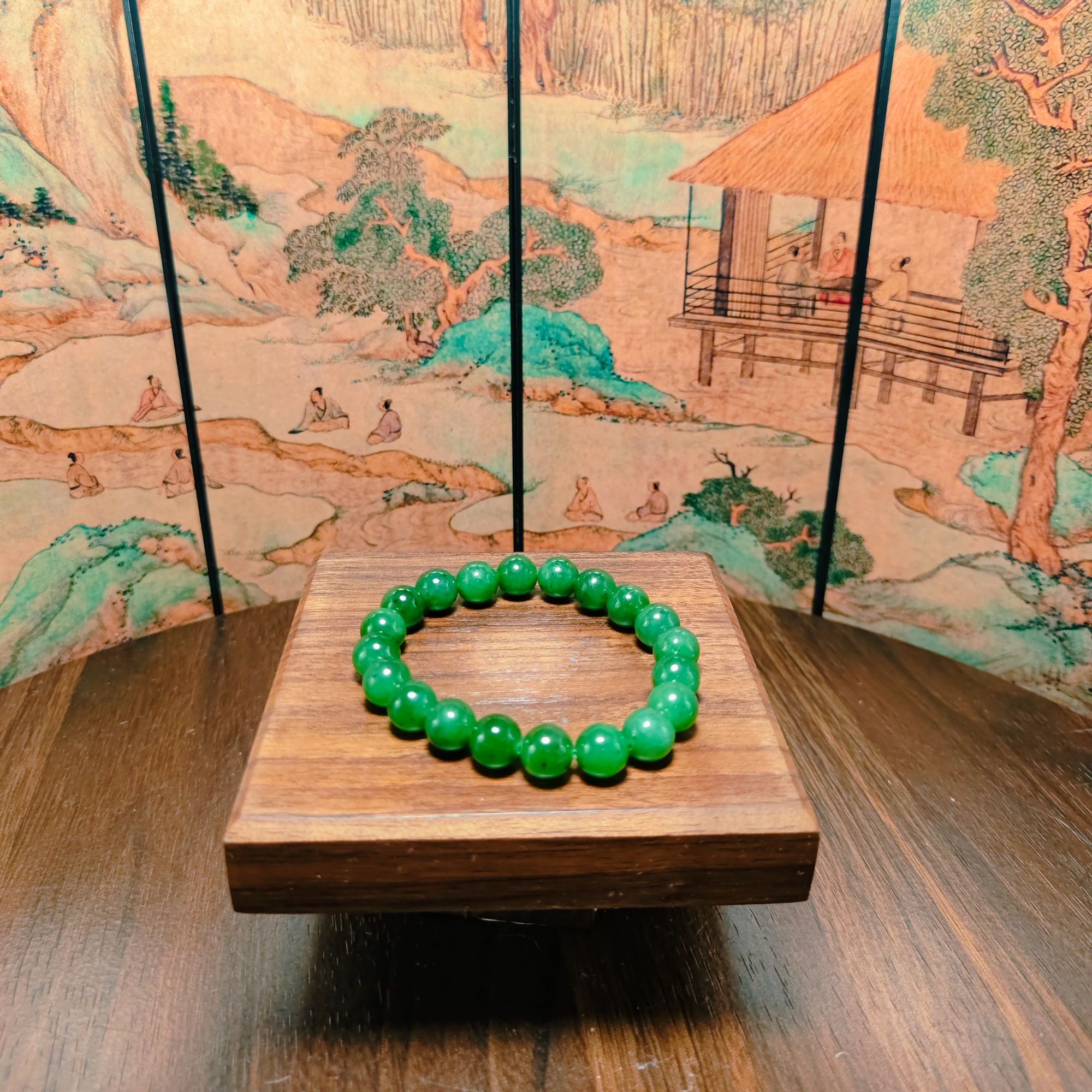 C和田玉碧玉圆珠手串（卡10）1674