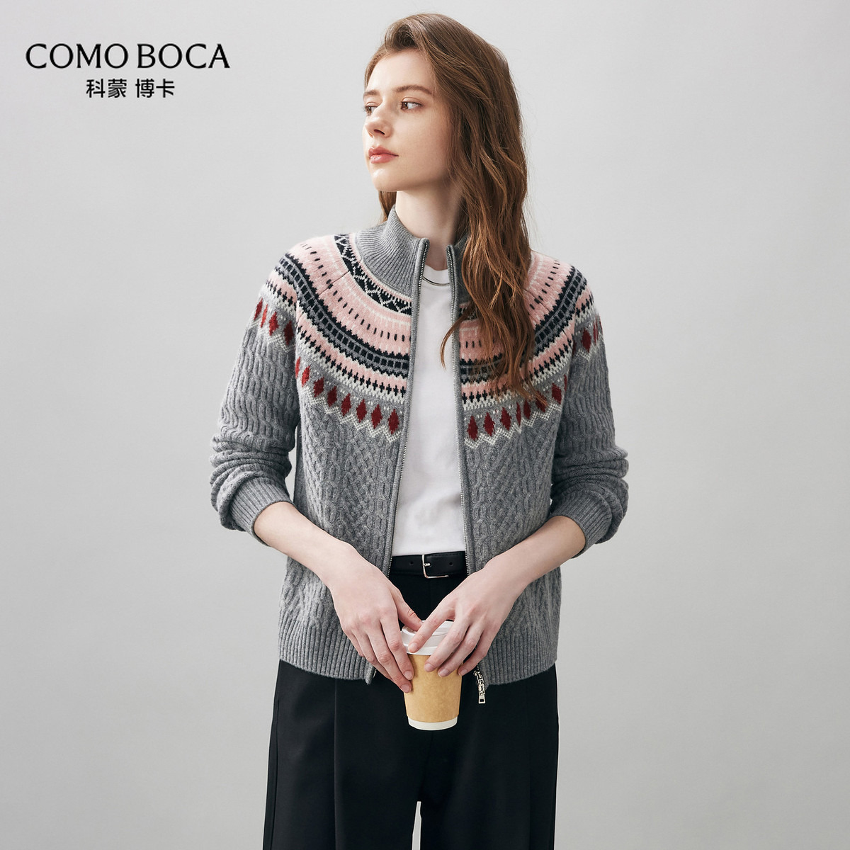 COMOBOCA/科蒙·博卡费尔岛加厚纯羊毛外套绞花提花女开衫KST1196