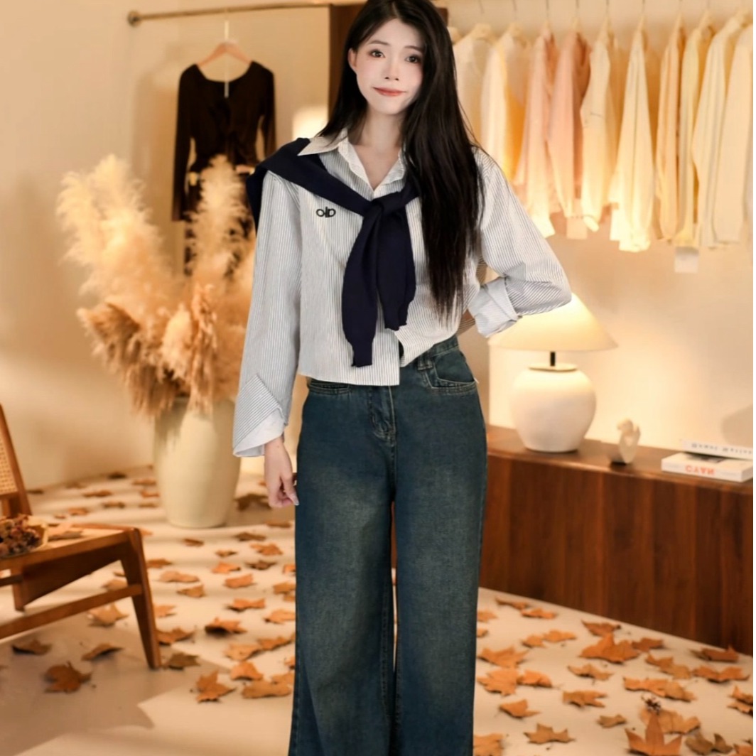 复古港风阔腿牛仔裤女春季设计感水洗高腰宽松显瘦直筒裤#8046