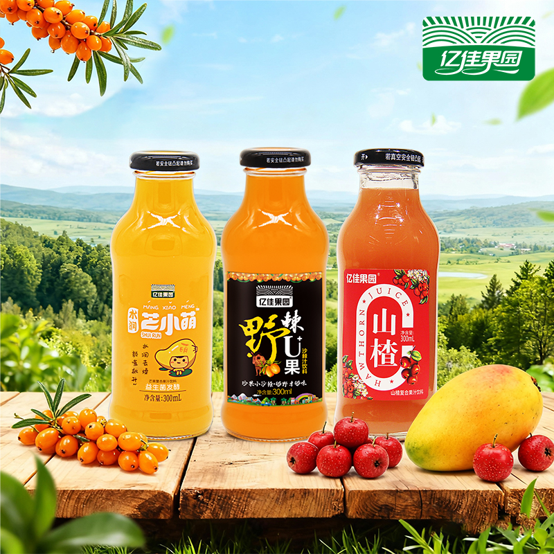 亿佳果园芒果果汁山楂沙棘饮料300ml*8瓶整箱包邮玻璃瓶复合饮料