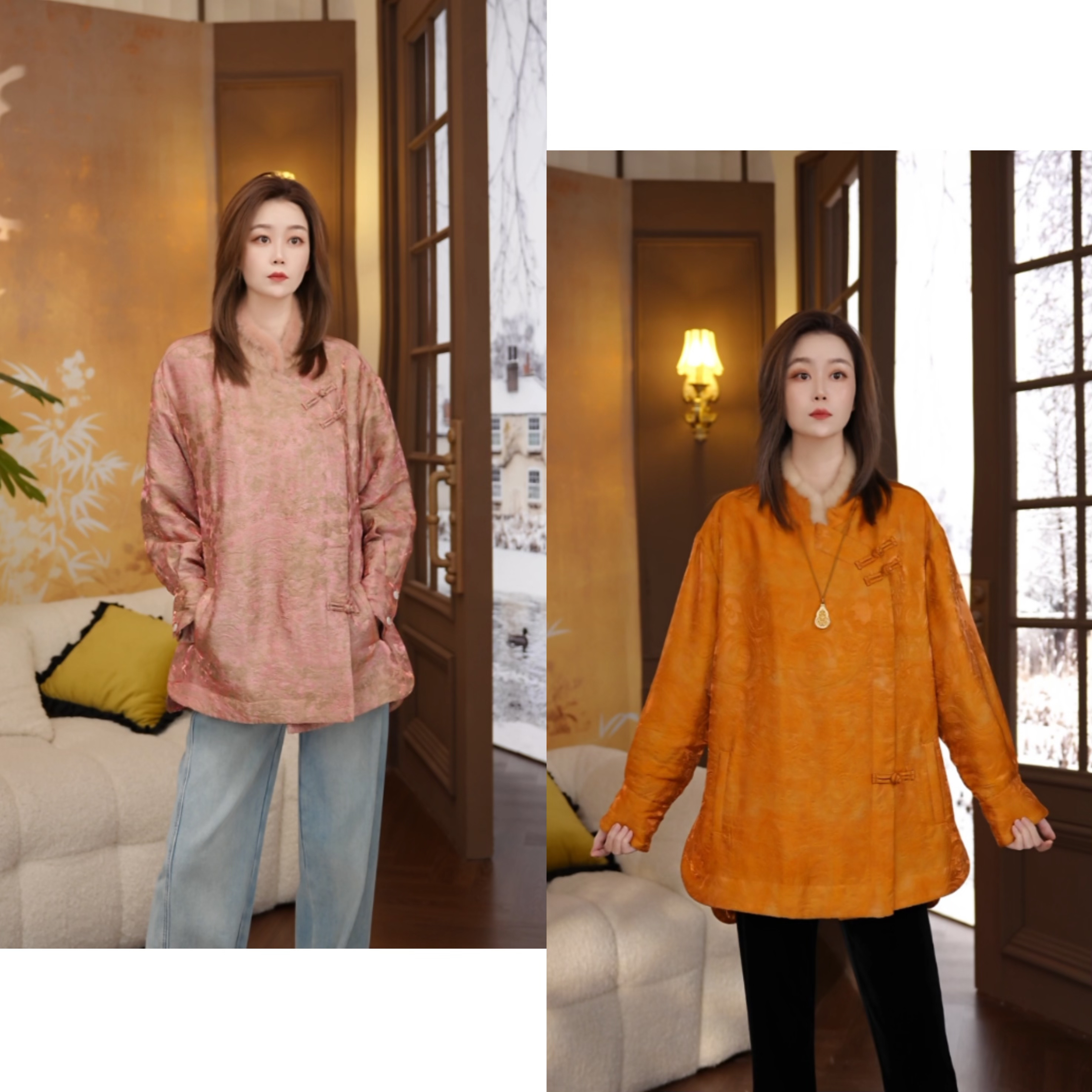 Miss.Z【新中式人丝拼水貂冬季休闲上衣】阔版加厚棉衣#1185