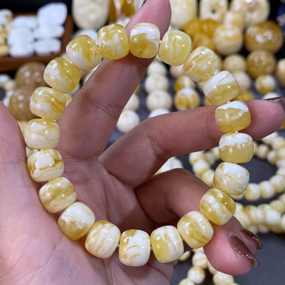 蜜蜡手串未镶嵌10.8mm金瓷白虎皮妖花手串