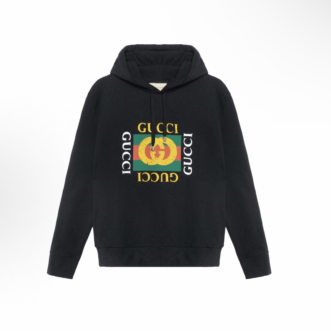 Gucci古驰 红绿字母方块撞色logo标志 黑色连帽卫衣 帽衫 男女同