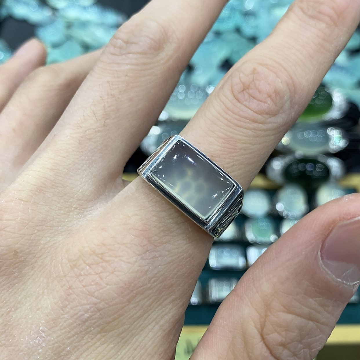 【闪购商品】蛇纹石玉戒指银S925镶嵌