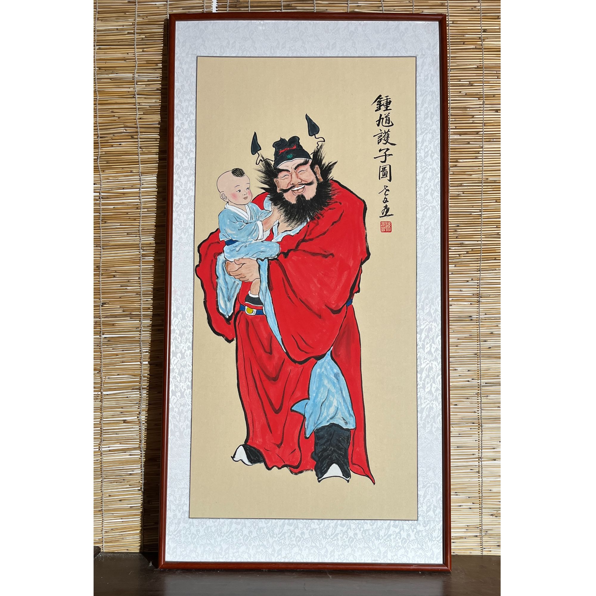 纯手绘钟馗护子图带实木框适合餐厅茶室玄关等挂画120cm*62cm