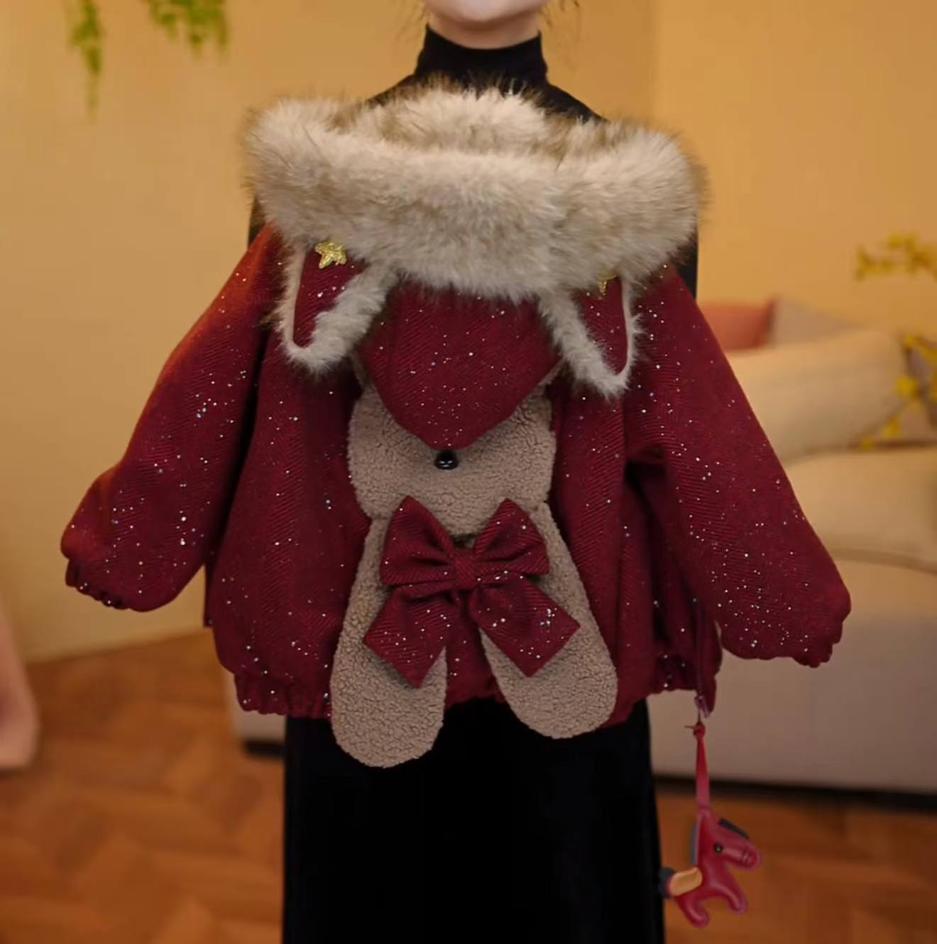 女童套装冬季2025年新年连帽加厚加绒外套宝宝拜年服