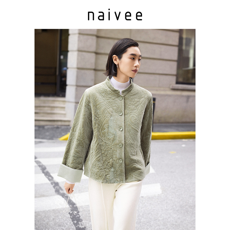 Naivee/纳薇【CC专属】冬新中式立领棉服丝绒外套女249210941