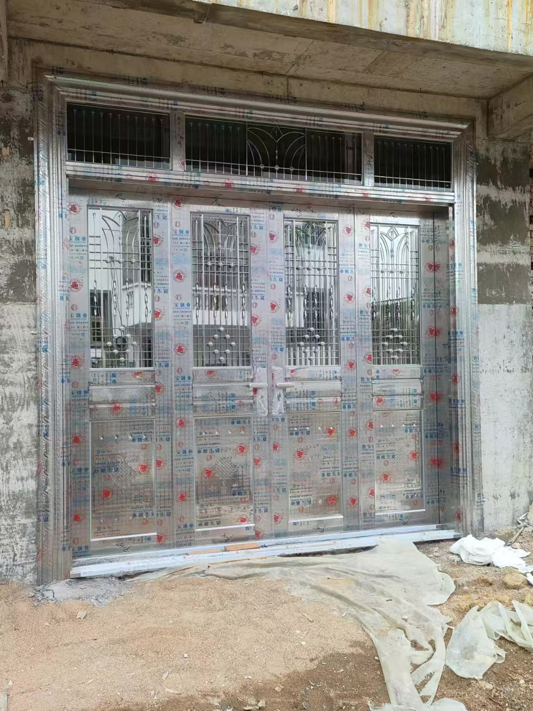 加厚304不锈钢防盗入户双开大门半玻花枝带亮窗农村适用