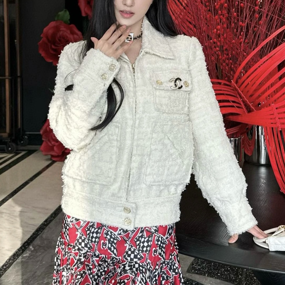 99新 Chanel/香奈儿 23B钻扣白色粗花呢外套34码