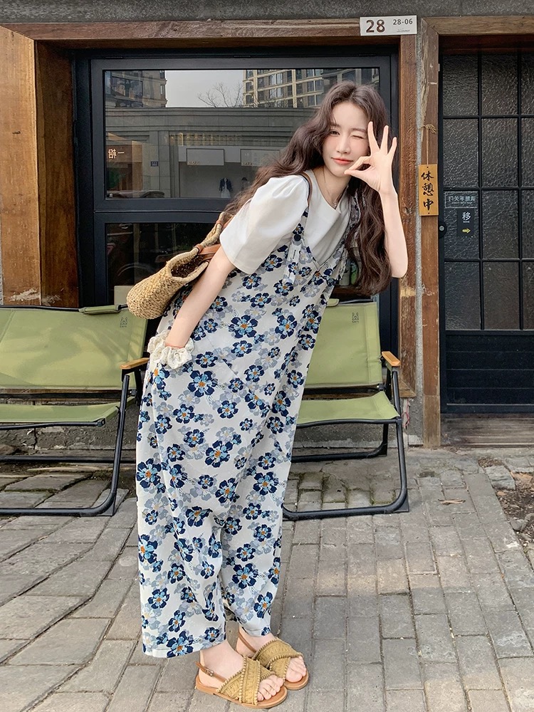 【蓝花语】法式慵懒风印花背带连体裤时尚气质阔腿裤