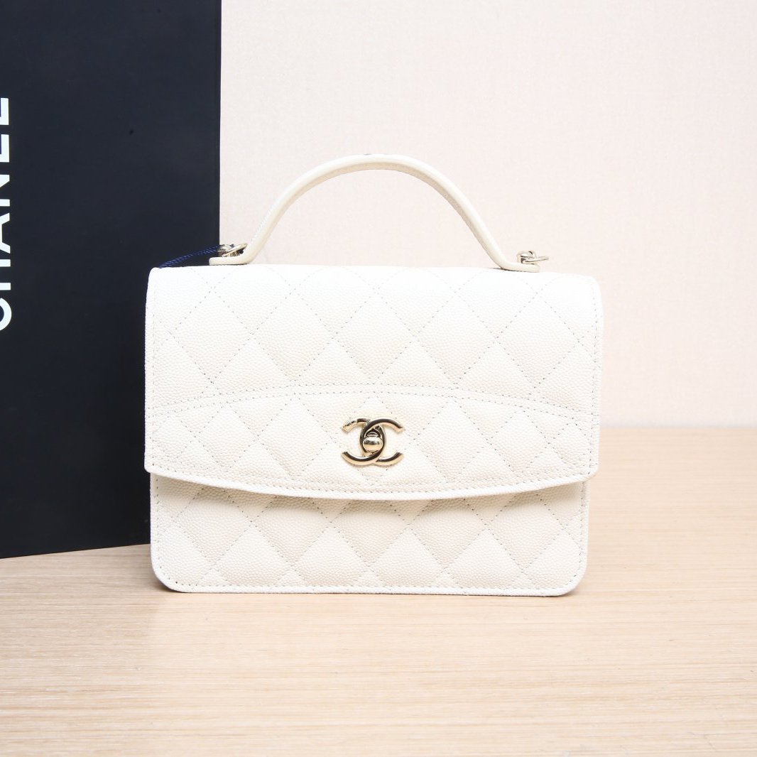 99新 Chanel/香奈儿 【小花Han】25C 风琴包 米白色 浅金扣