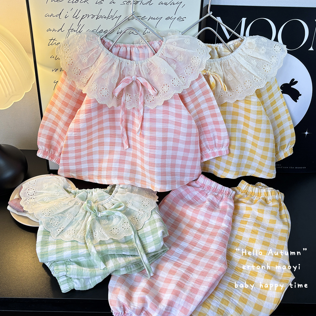 新款儿童家居服套装韩版男女童花边套装 两件套长袖格子宝宝睡衣