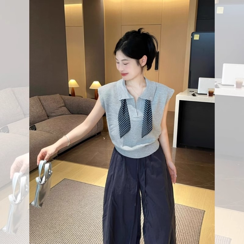 灰色polo领无袖针织t恤女小个子2025夏季新款超火减龄款百搭上衣