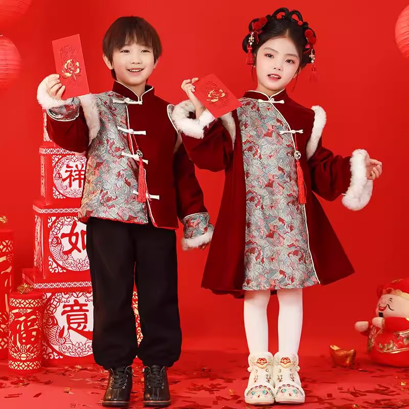 冬季拜年服男童加厚儿童过年服装女童汉服女宝年服唐装元旦喜庆服