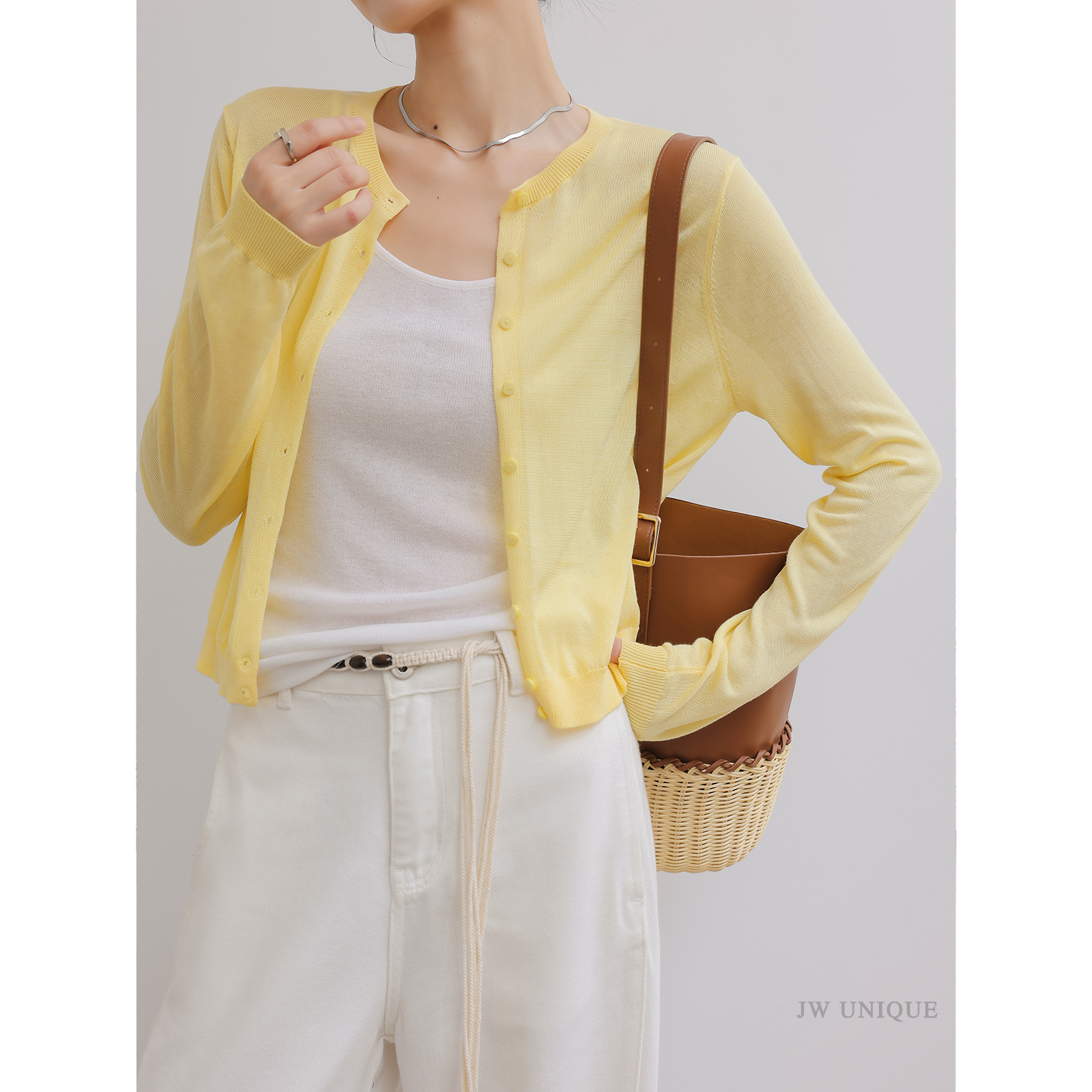 酒窝定制 黄色长袖针织开衫外套女2025夏季新款修身罩衫外搭上衣