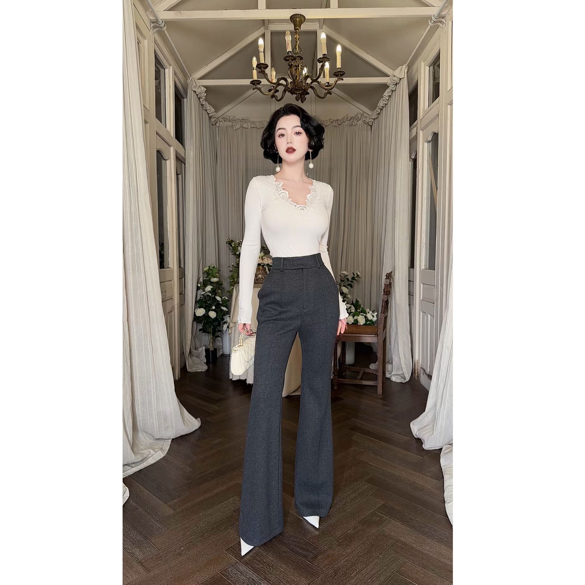 LYXJ【波尔多余晖】秋冬时尚立体裁剪灰色毛呢喇叭裤12813