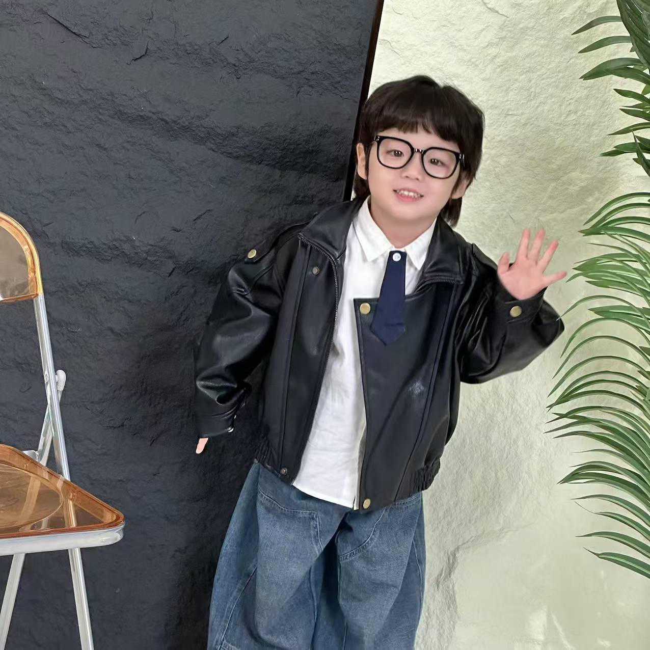 幂姐春秋季新款儿童男童女童时尚皮衣夹克痞帅炸街外套MJQ256019