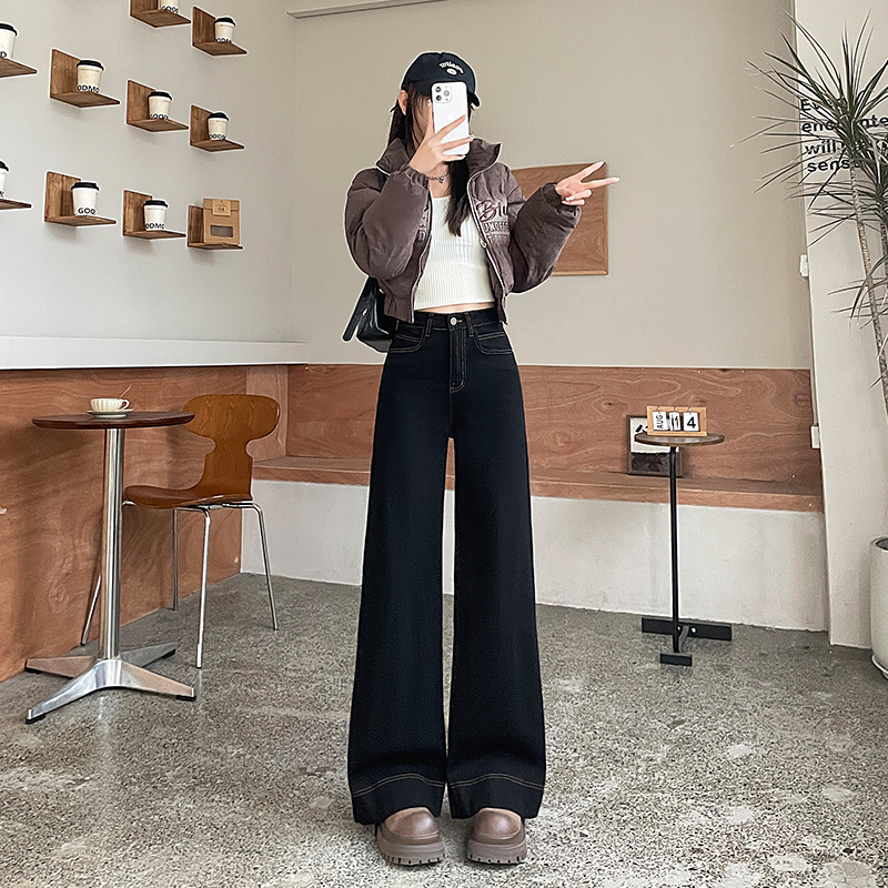 2292A#新款春秋季阔腿高腰显瘦丹宁蓝直筒牛仔裤女大码春秋小个子