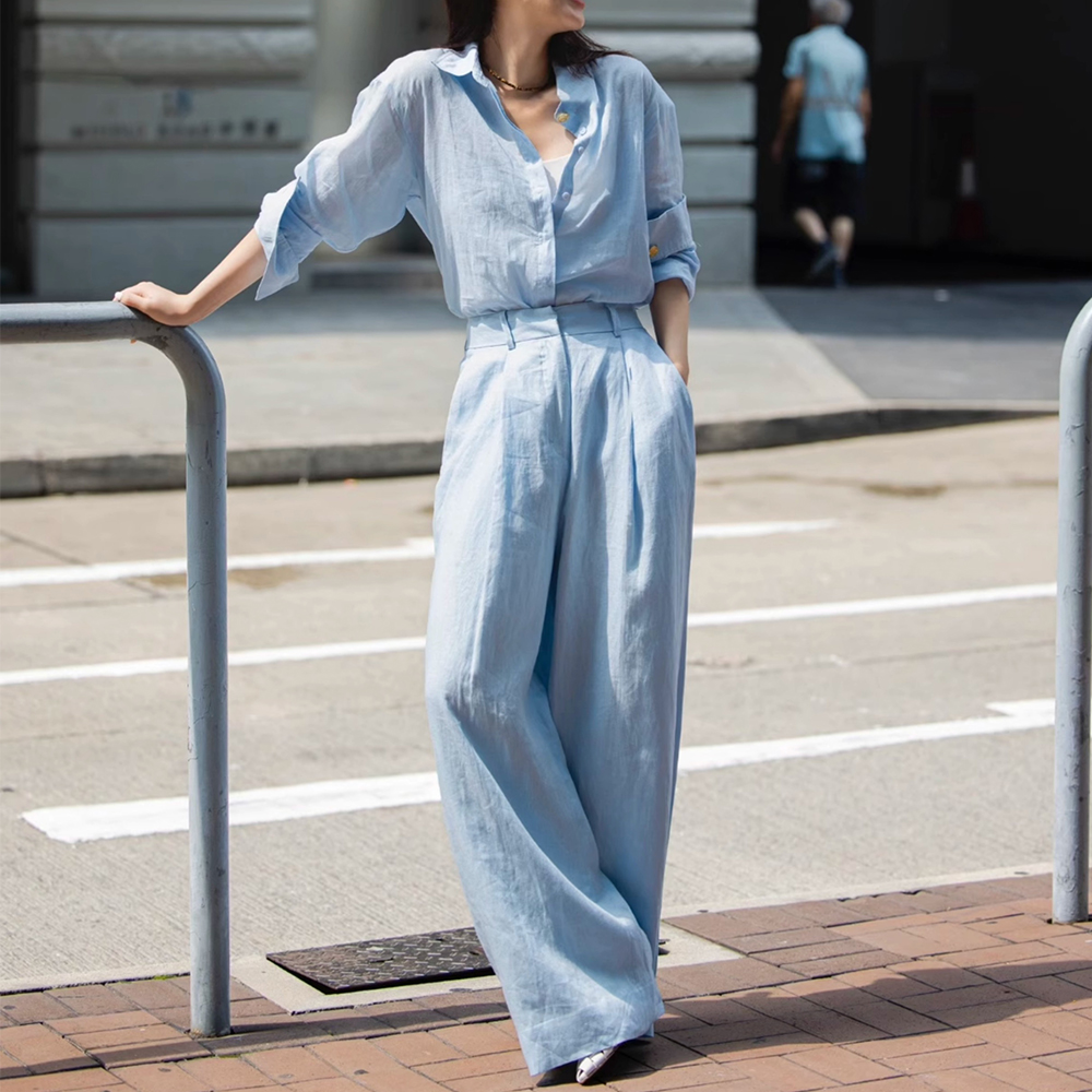 蓝色衬衫亚麻套装女2025春夏气质老钱风松弛感穿搭休闲棉麻两件套