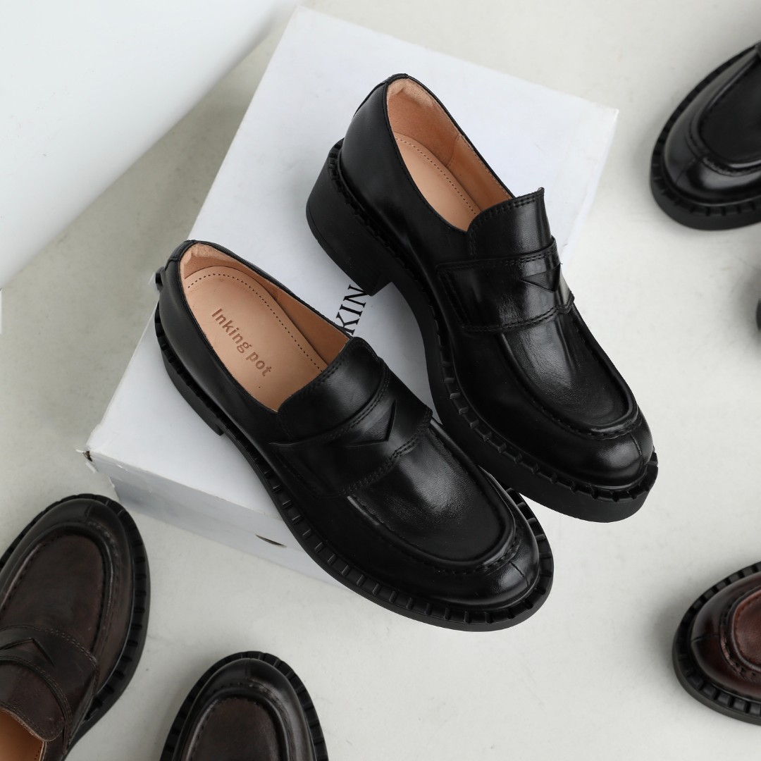 英伦风单鞋里外全马皮乐福鞋粗跟胎水牛乐厚底皮鞋