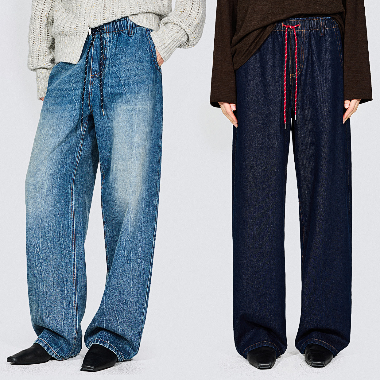 KEIGAN/开间柔韧新疆棉miu风松弛撞色抽绳松紧腰直筒牛仔裤宽松