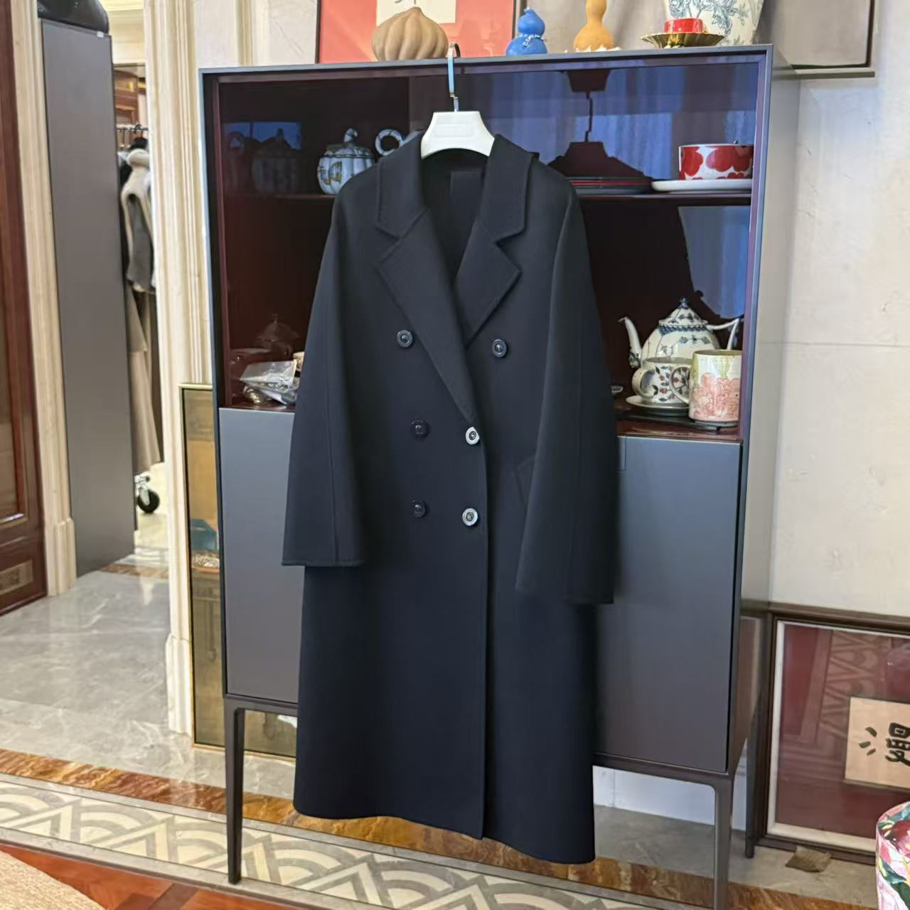 MYL 2025秋冬新品羊绒藏青色毛呢外套西装领长袖双排扣长款大衣