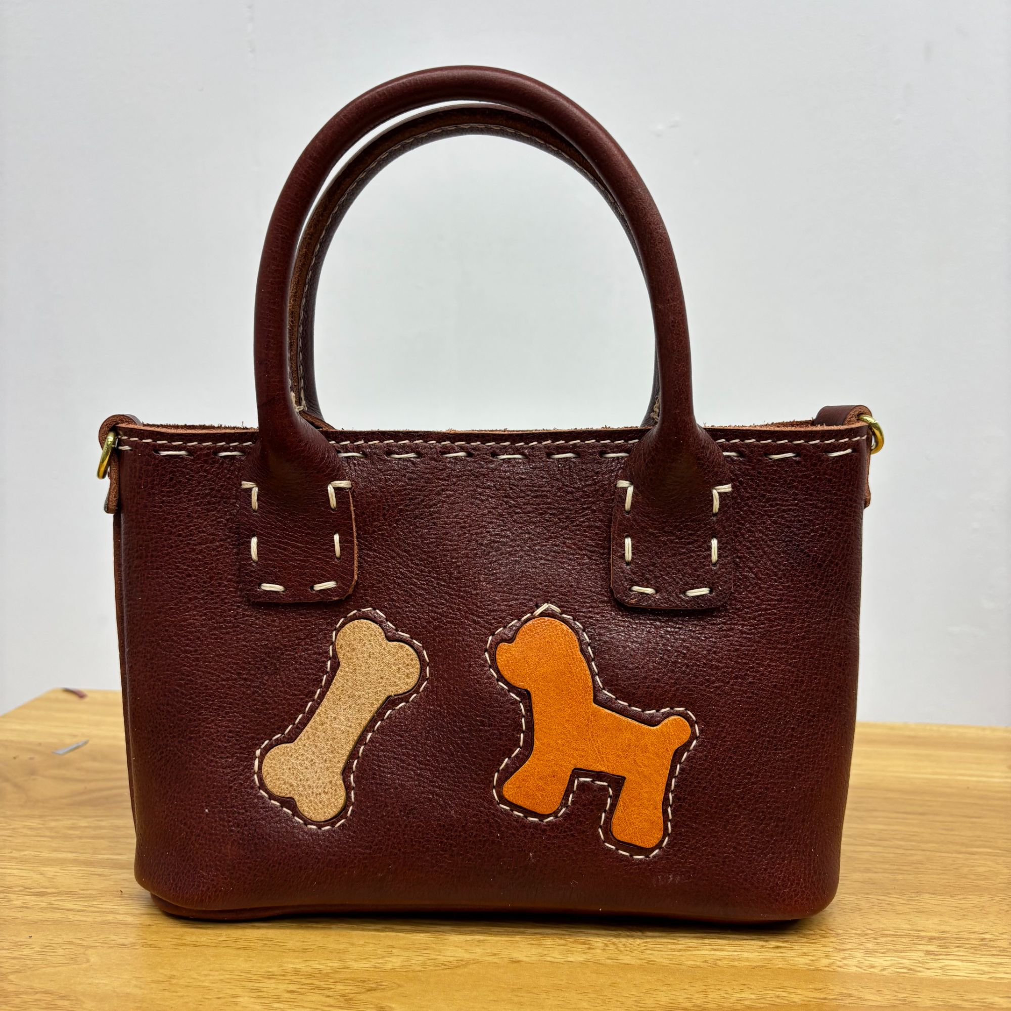 原生原物治愈系焦糖色手缝线狗狗小托特