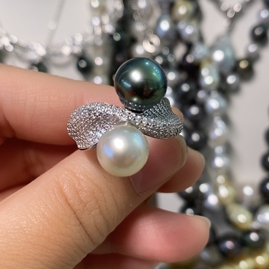 海水珍珠戒指银S925镶嵌9-10