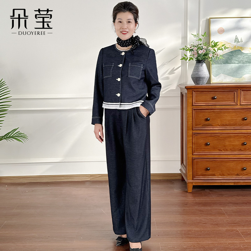 2025新款秋装时尚中年妈妈装牛仔蓝套装气质短牛仔外套开衫25-A12