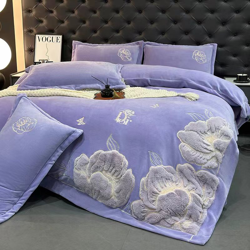 【芙蓉】紫绣花加厚牛奶绒绒四件套刺绣婴肤绒绒被套大床单枕套