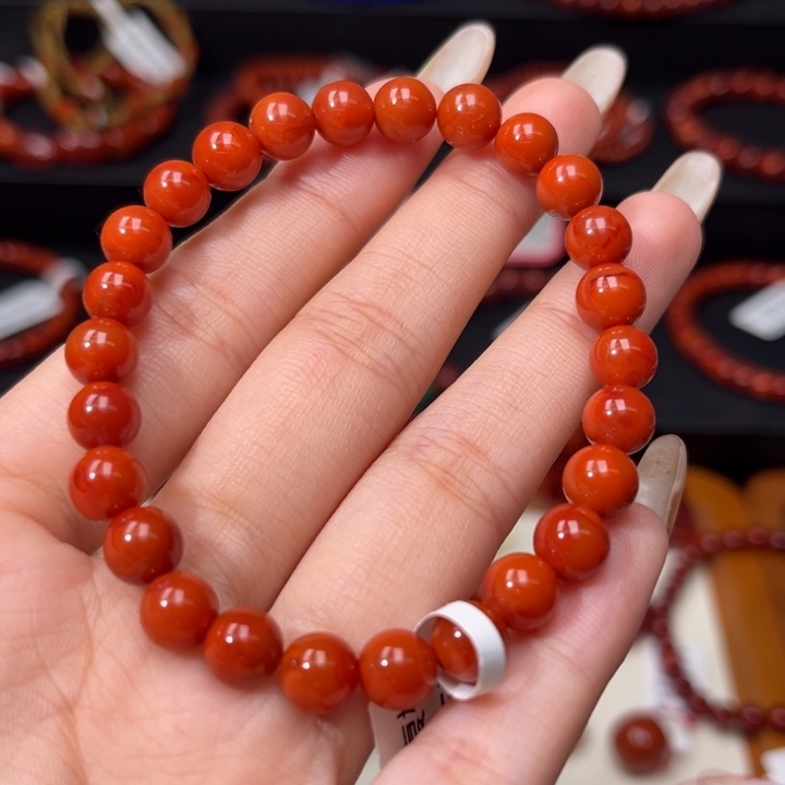 南红玛瑙未镶嵌手链满肉柿子红圆珠手串7mm