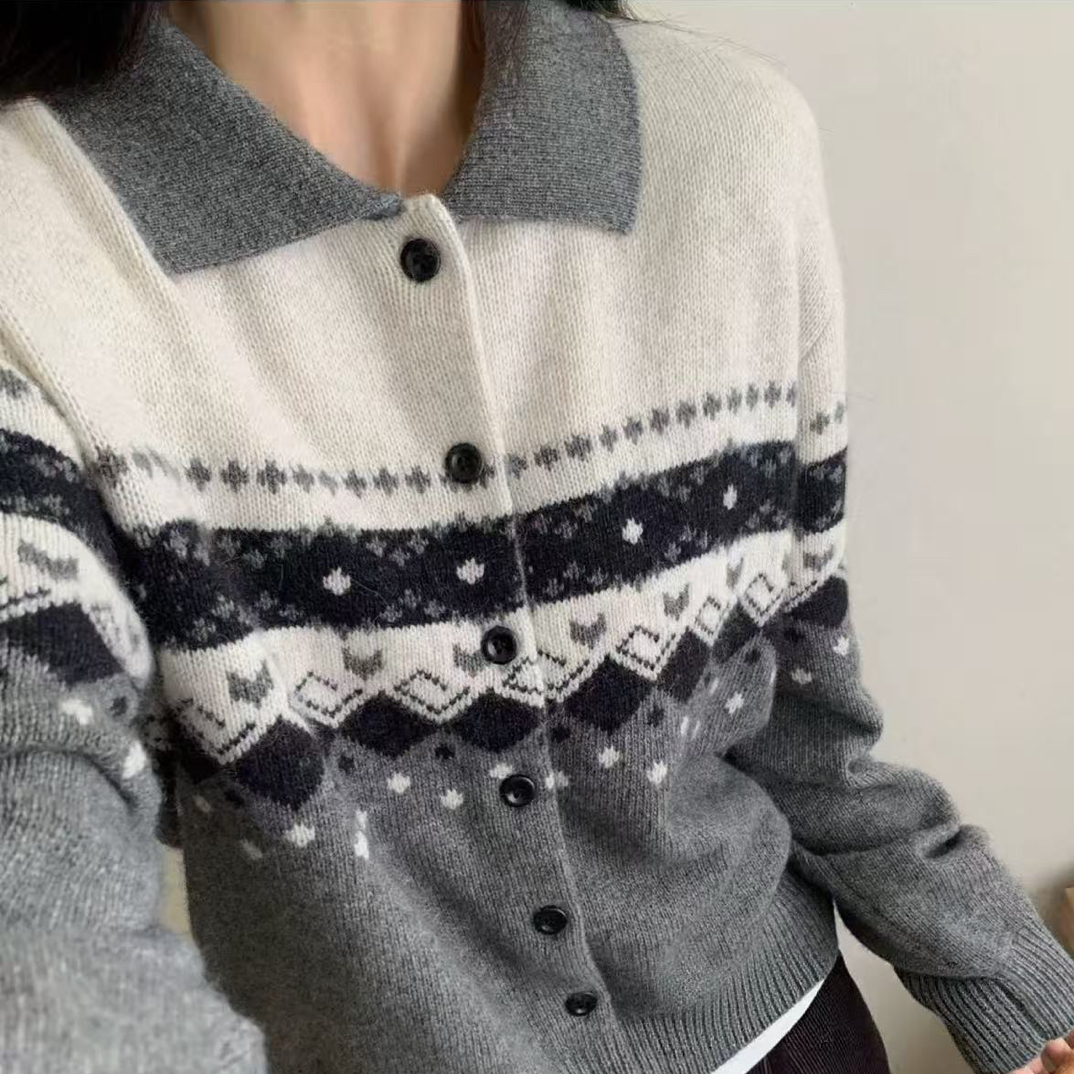 韩版宽松翻领费尔岛羊毛毛衣女2025冬季新款时尚百搭上衣