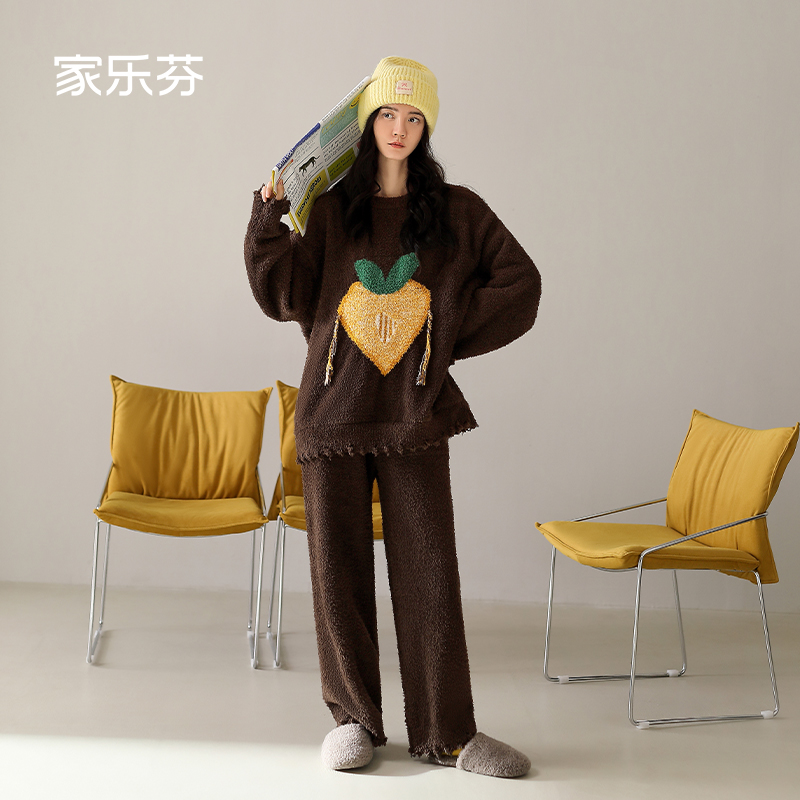家乐芬睡衣女半边绒家居服复古软绵绵大码加厚加绒珊瑚绒保暖套装