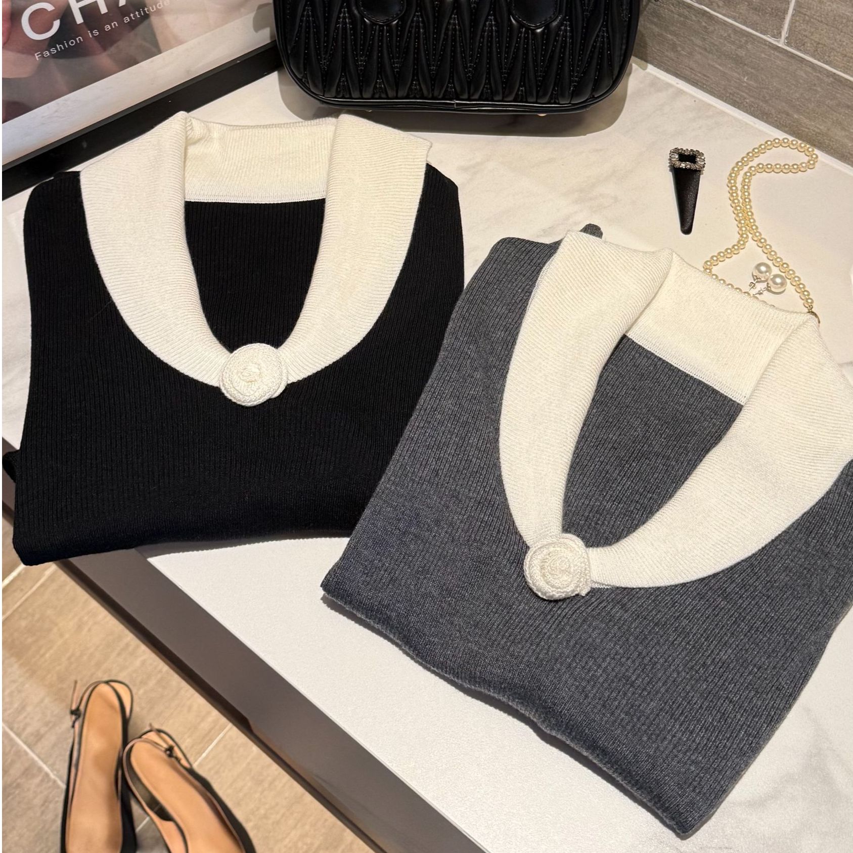 【暖阳山茶】法式V领手工钩花女毛针织衫修身毛衣