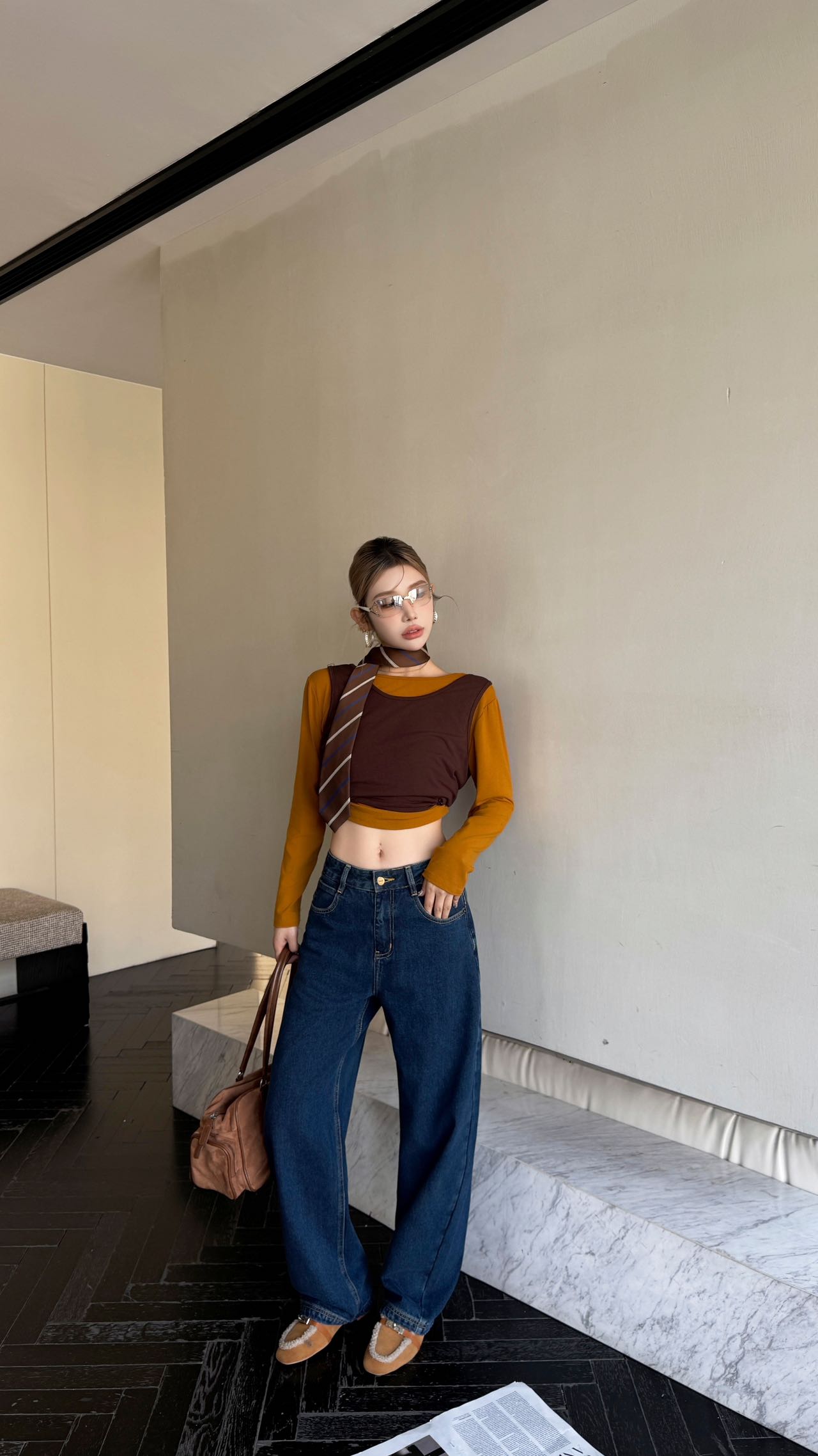 2029小弯刀无弹薄款老钱风拼接秋季牛仔裤阔腿时尚高腰不规则