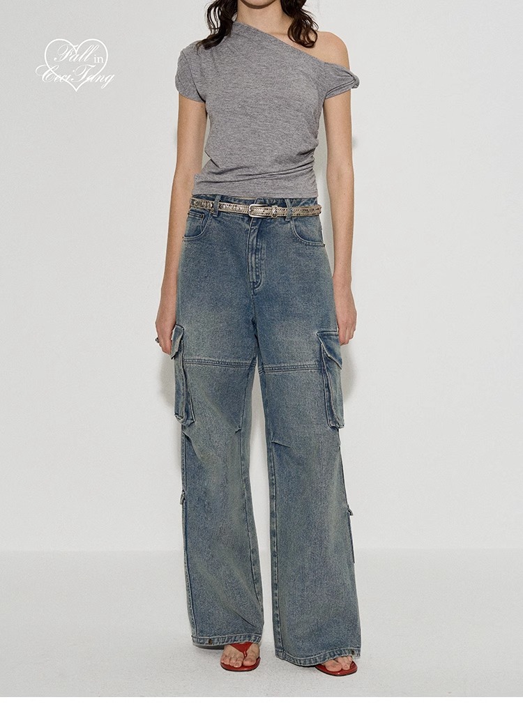 CECI “伯克公路”立体口袋设计做旧复古工装阔腿牛仔裤