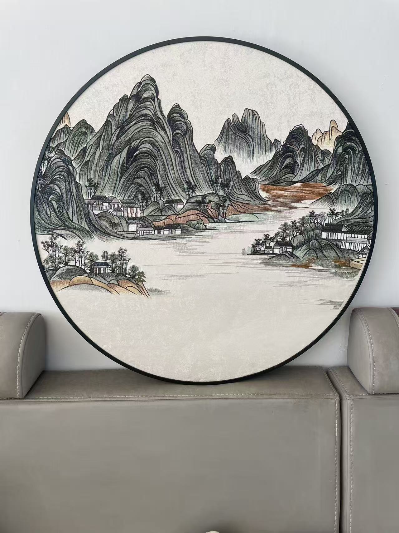 新中式圆形山水风景水墨画客厅入户玄关茶室高档装饰画