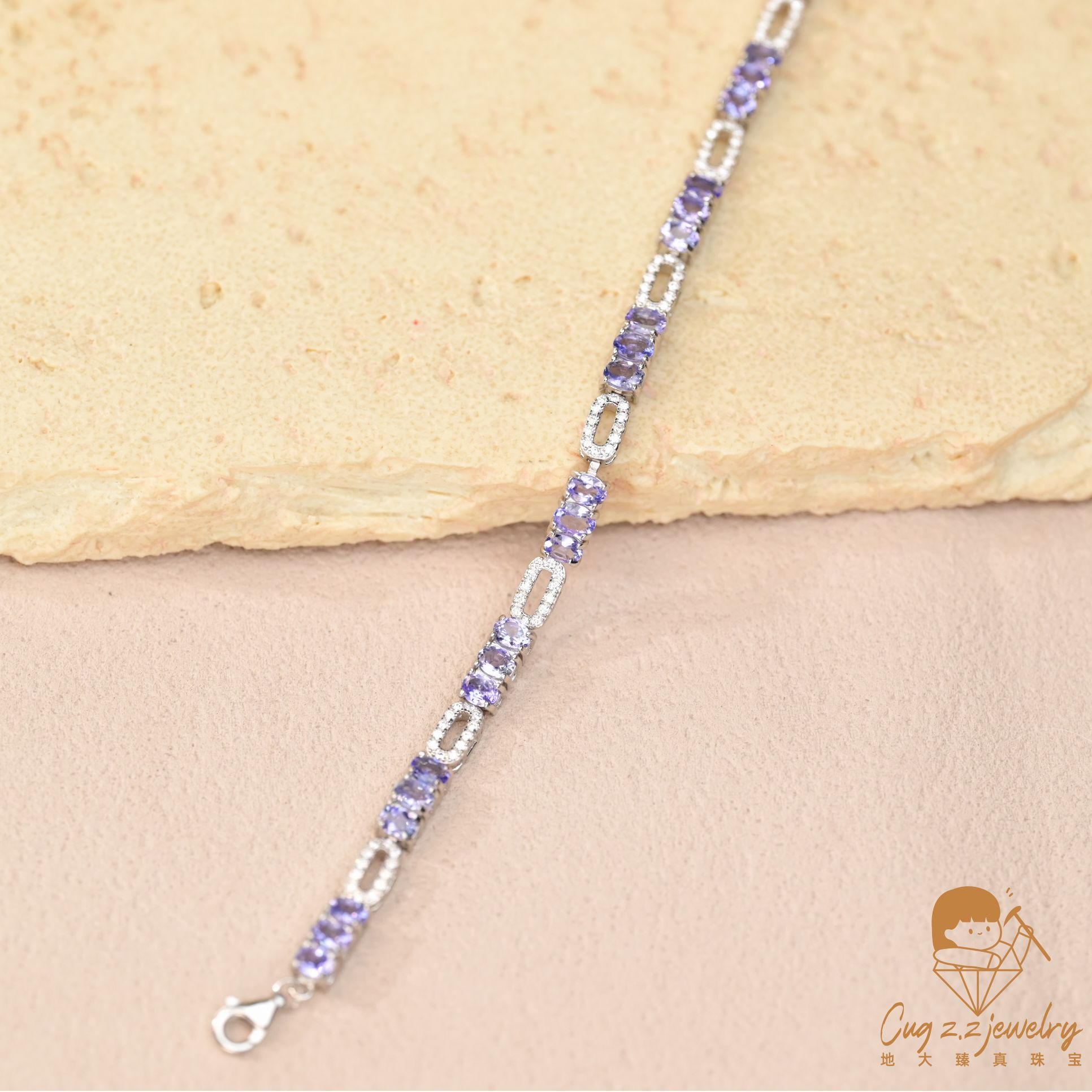 天然坦桑石手链宝石温柔紫色法式珠宝手链礼物925银