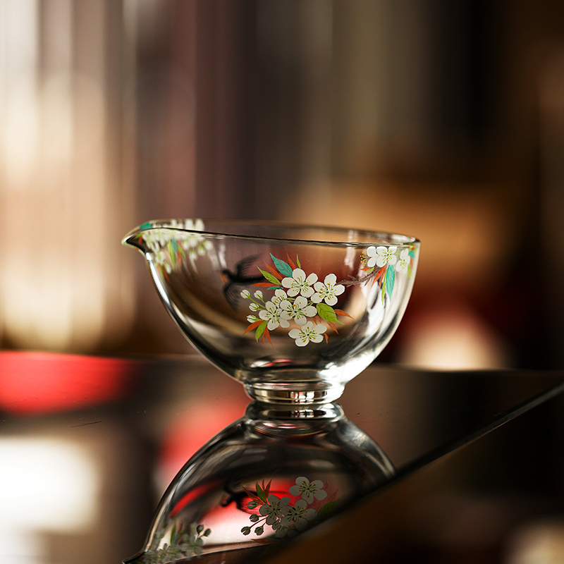 梨落·燕归来手绘手写公道杯高硼硅耐热玻璃加厚茶分茶器