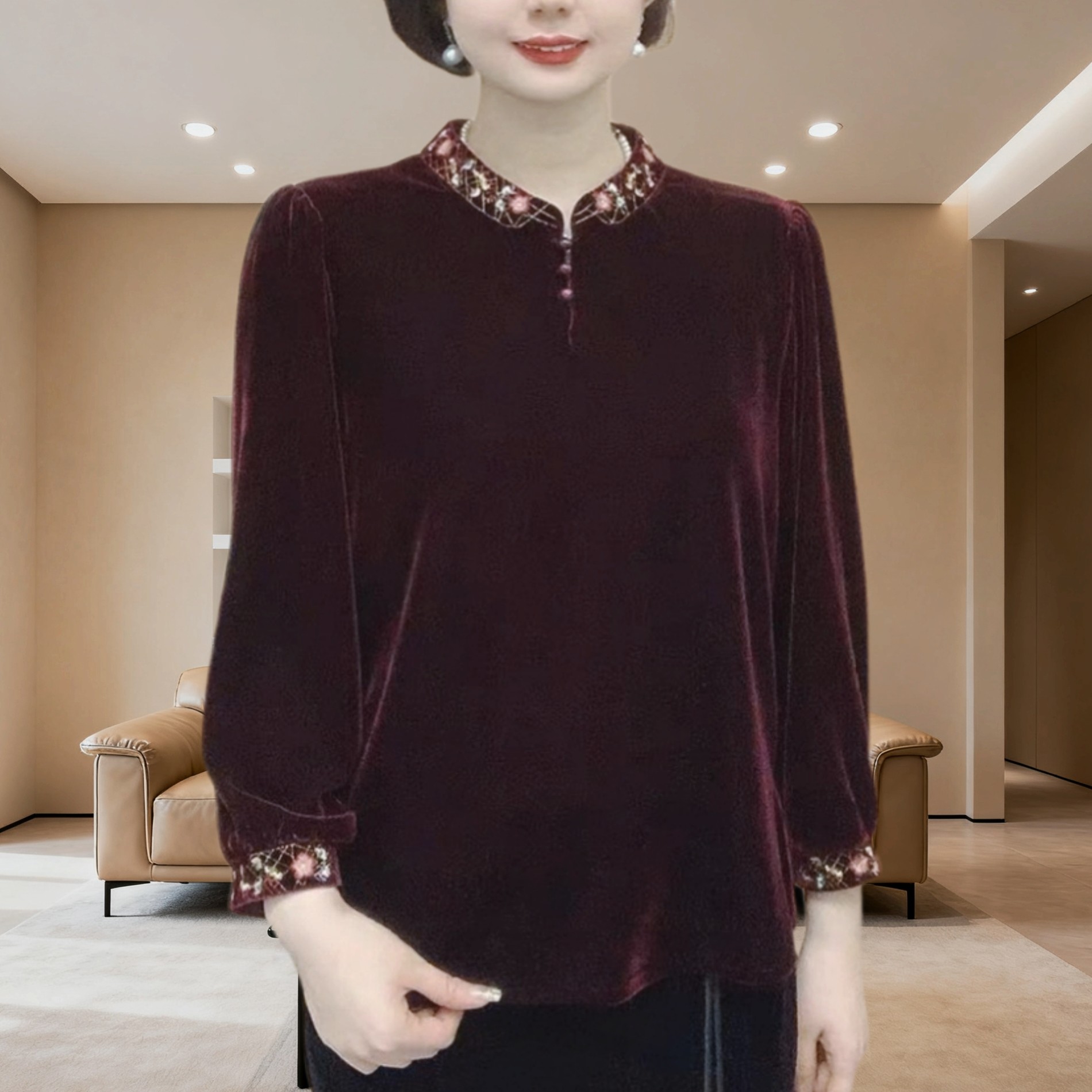 8683中老年妈妈秋季大码立领宽松重工刺绣丝绒长袖上衣