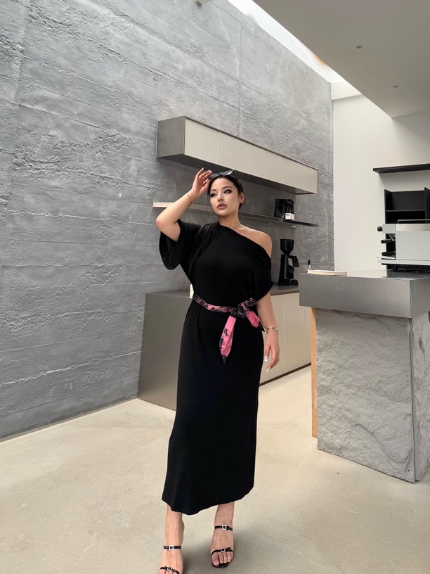 BBWootd大码遮肉小众斜肩气质休闲时尚品质重磅连衣裙裙子