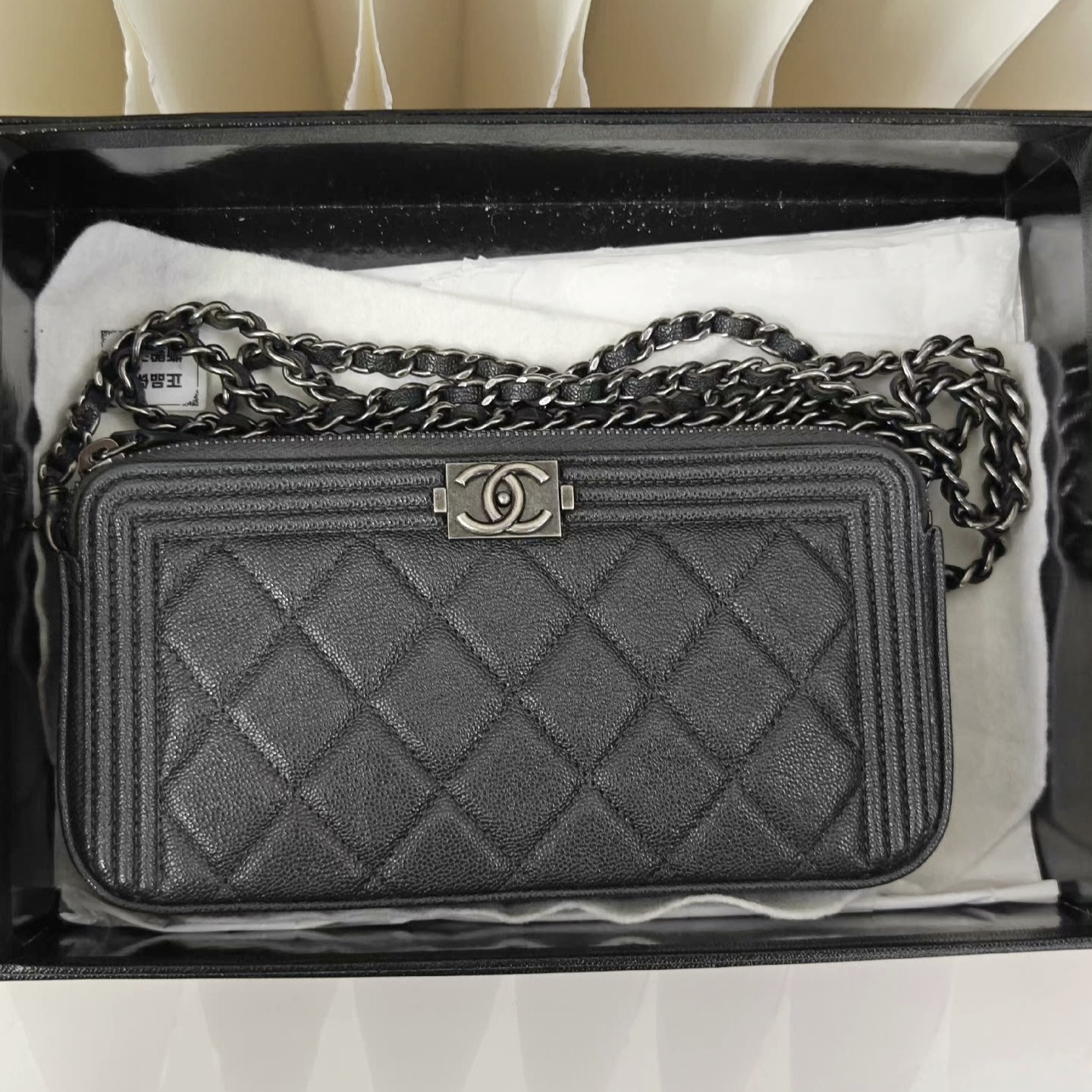 99新 Chanel/香奈儿 蔚蓝/黑银牛Leboy woc 链条包