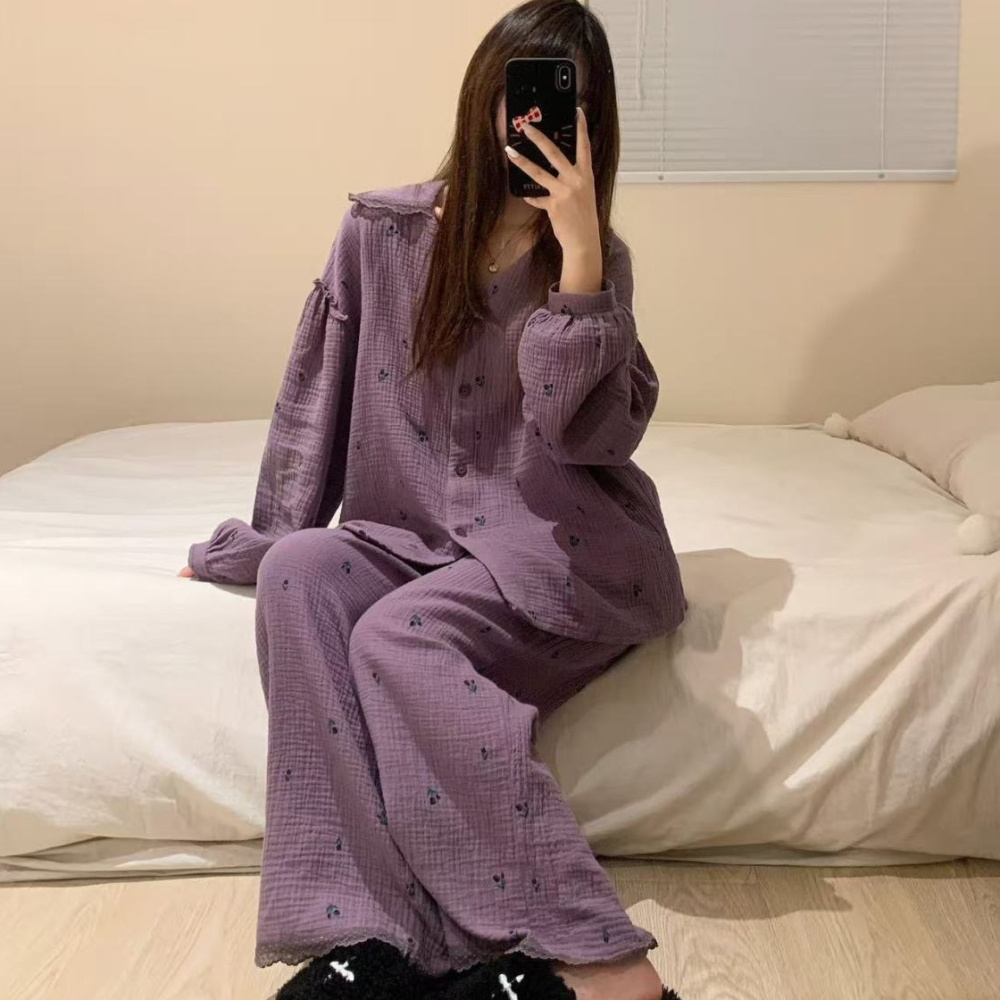 庆同紫色秋冬新款网红风甜美睡衣女士休闲长袖可外穿家居服套装