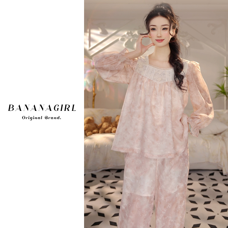 Bananagirl睡衣女春秋长袖套装宽松凉感甜美家居服大码可外穿