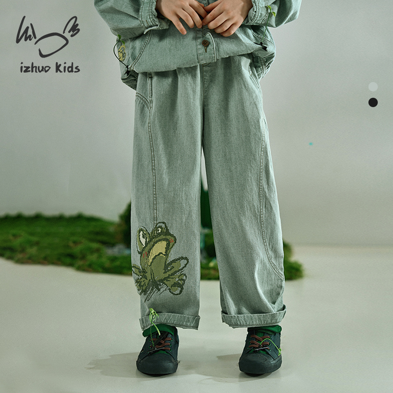 日着KIDS践仔兽三眼兔牛仔裤2026春季新款童装儿童复古印花休闲裤