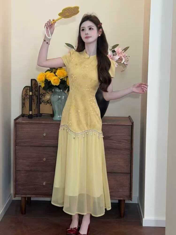 A110-（月桂】新中式印花拼接假两件旗袍2025夏新款黄色连衣裙