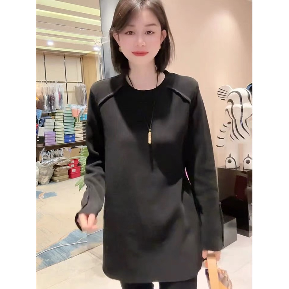 欧货气质t恤女2024冬季韩版洋气设计感宽松显瘦百搭中长款打底衫