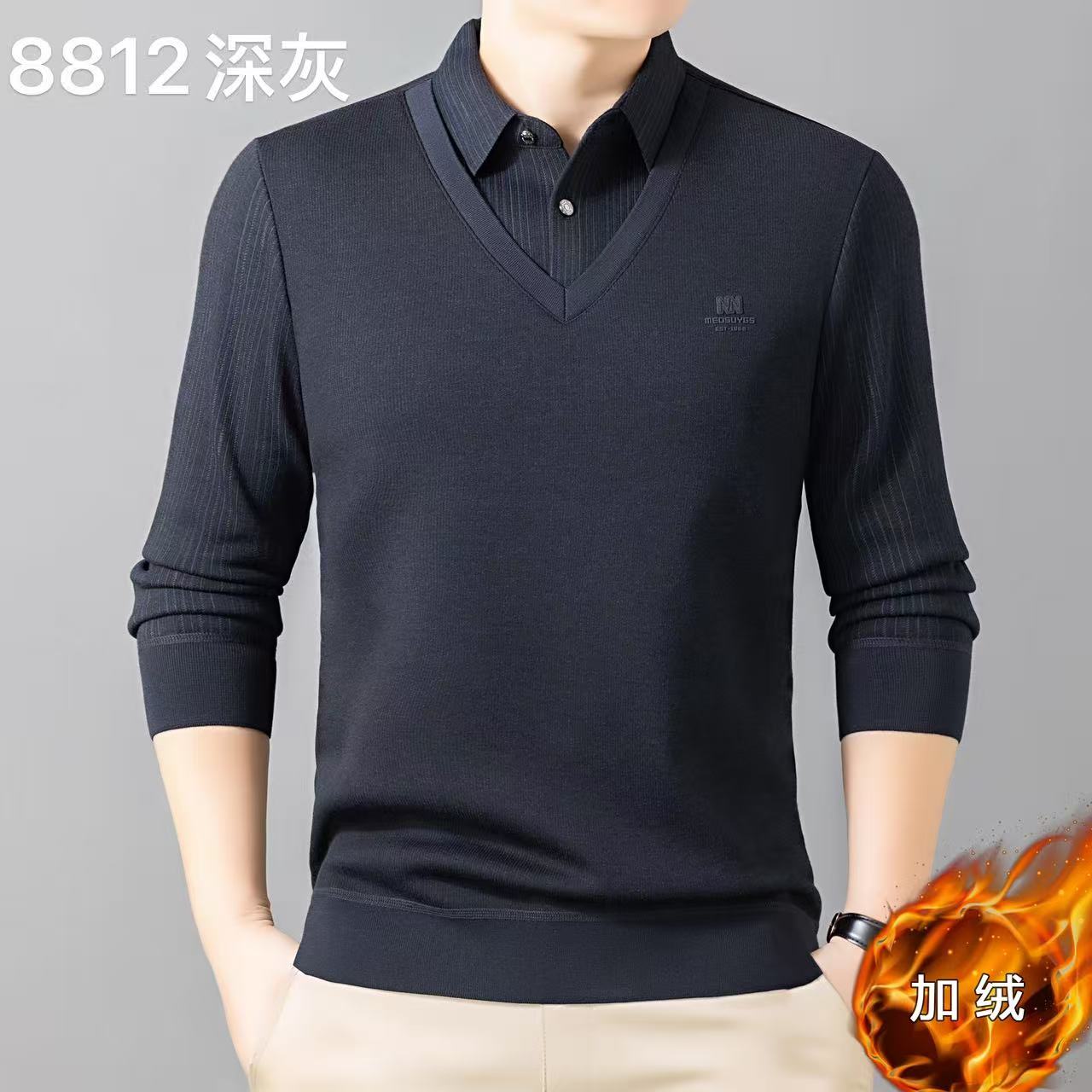 秋冬冬季男装男纯翻领Polo衫男士加绒长袖标准